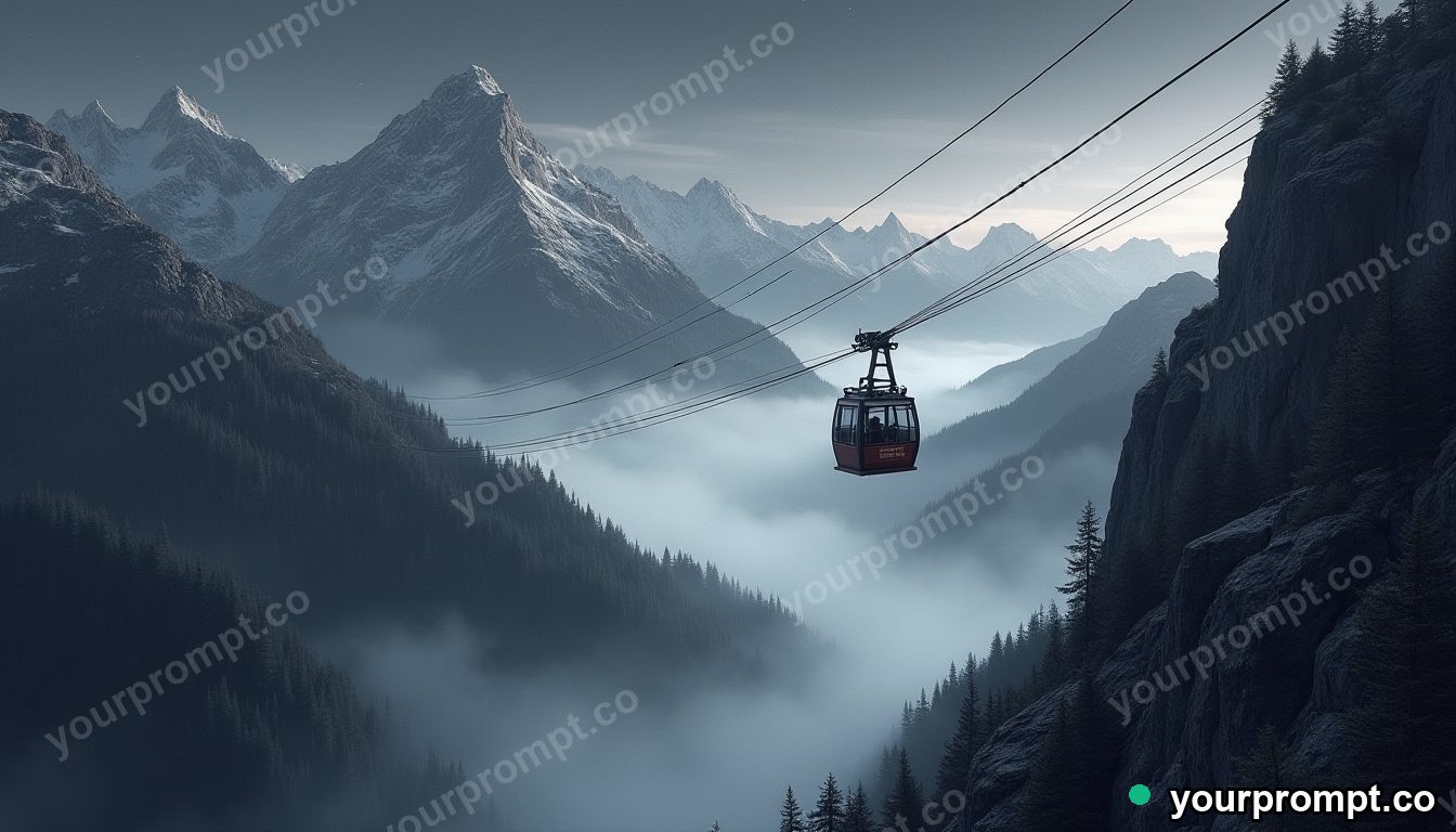 A cable car climbing into misty mountains
