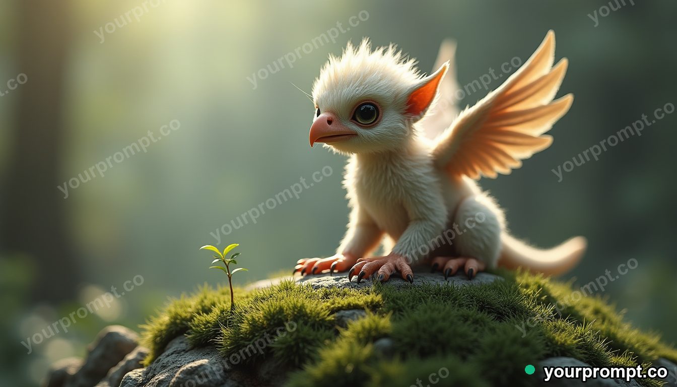 A baby griffin perched on a mossy boulder