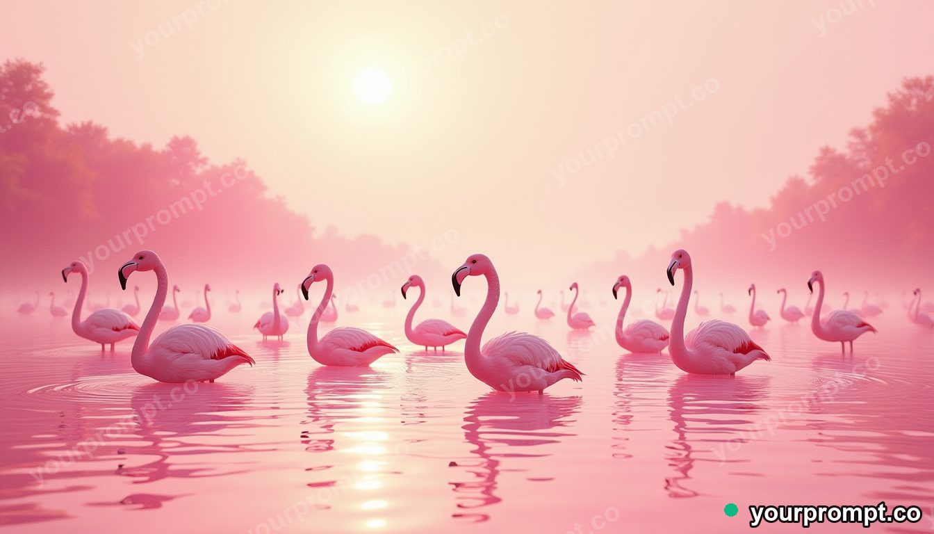 A flock of flamingos wading in a pink lagoon