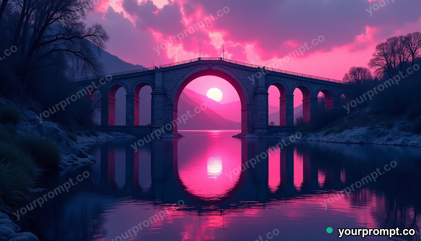 An ancient arched bridge reflected in still water