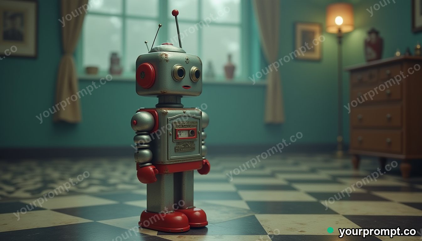 A retro 1950s tin robot on a checkered floor