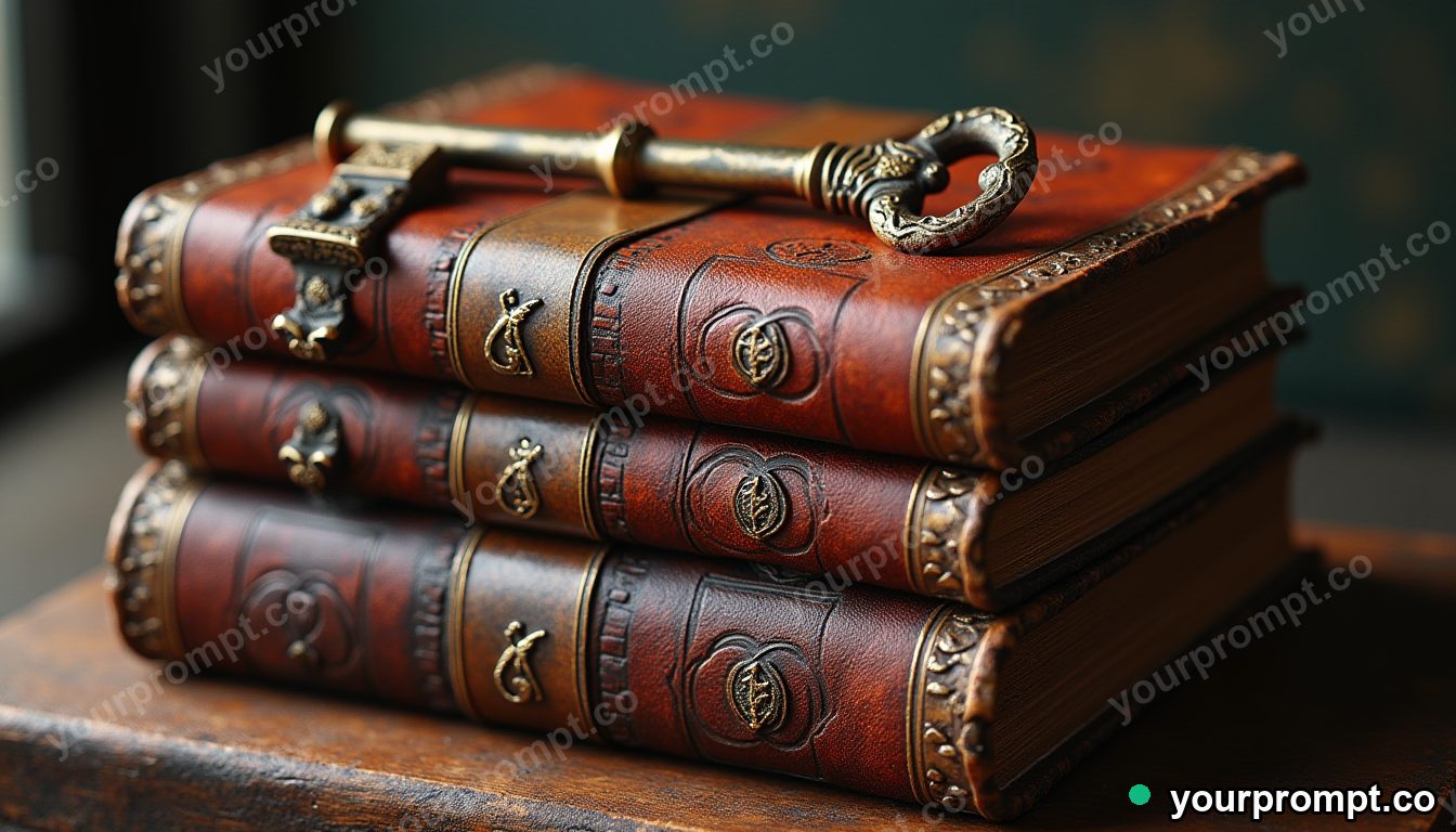 A stack of old leather books with a brass key