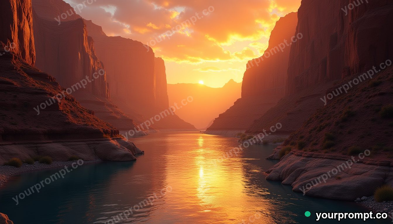 A canyon river bend glowing at golden hour