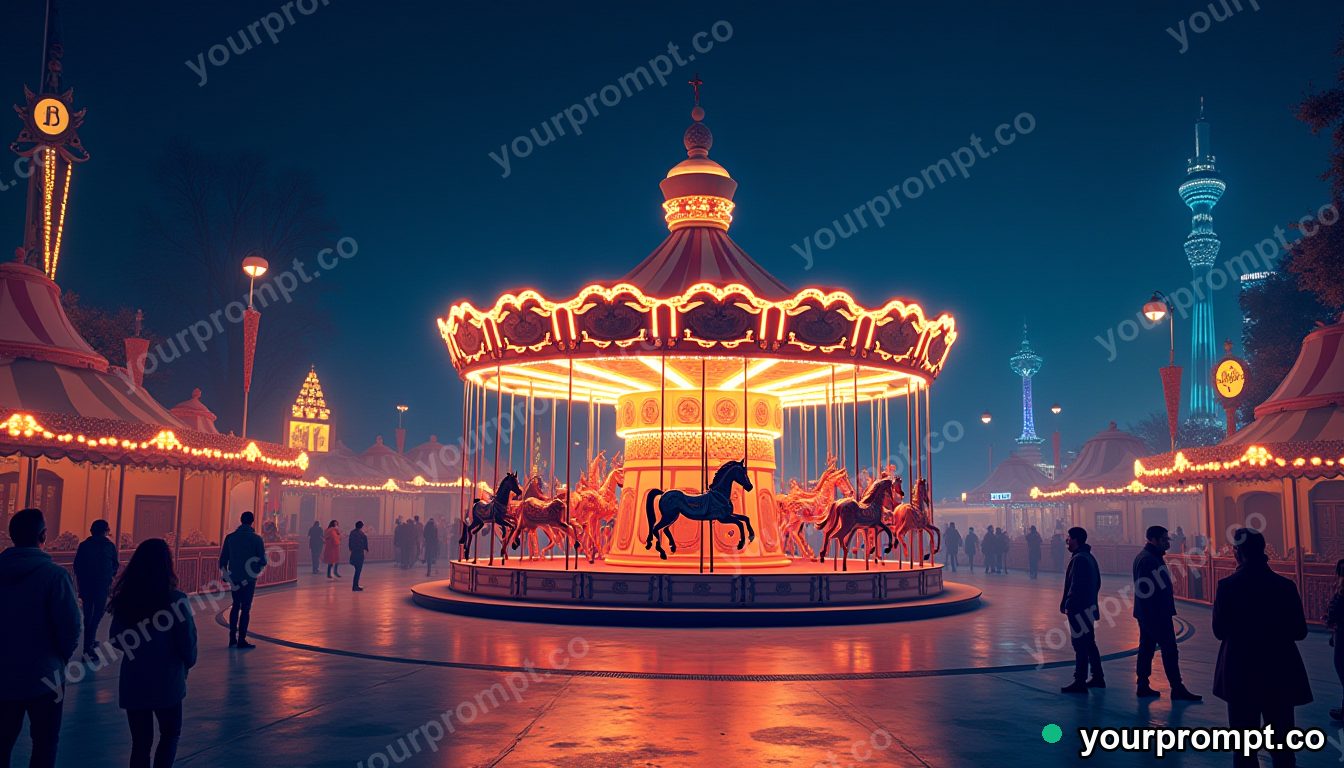 A glowing carousel turning in an empty night fair