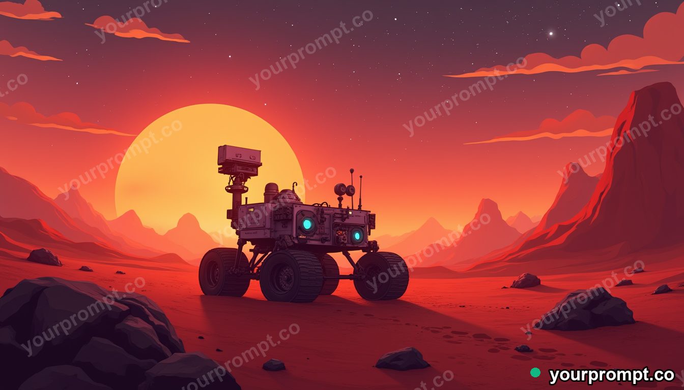 A rover crossing a red martian desert at dusk
