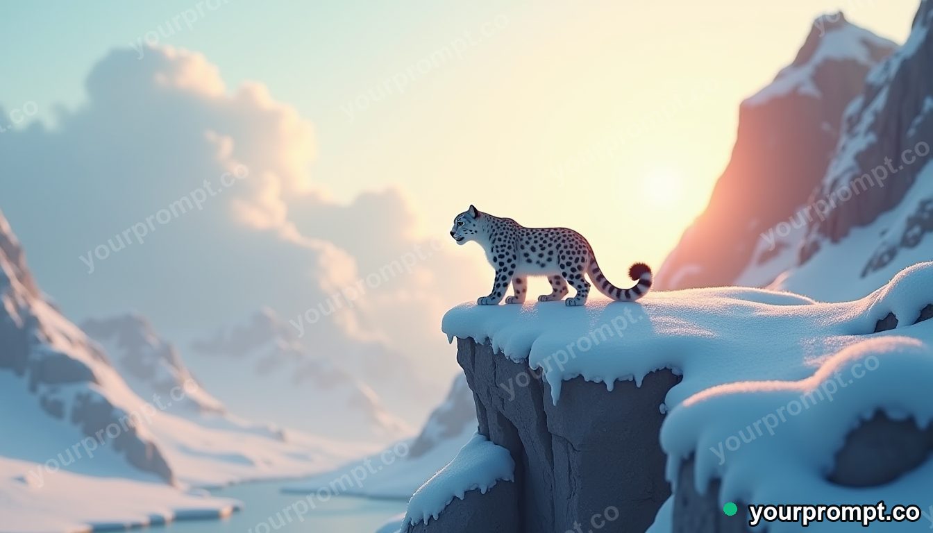 A snow leopard on a frozen cliff at dawn