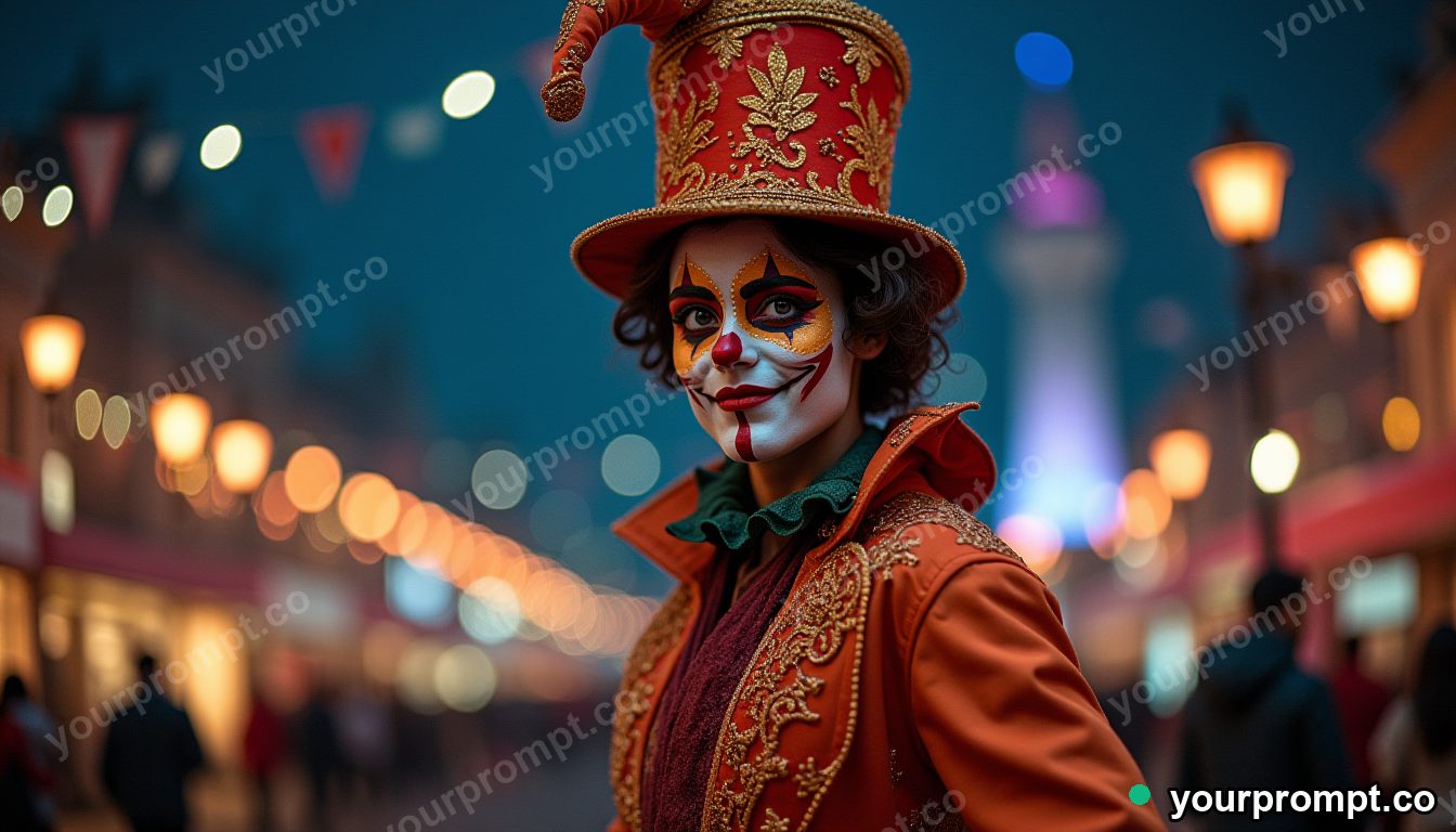 A painted-face carnival performer in vivid costume, fictional
