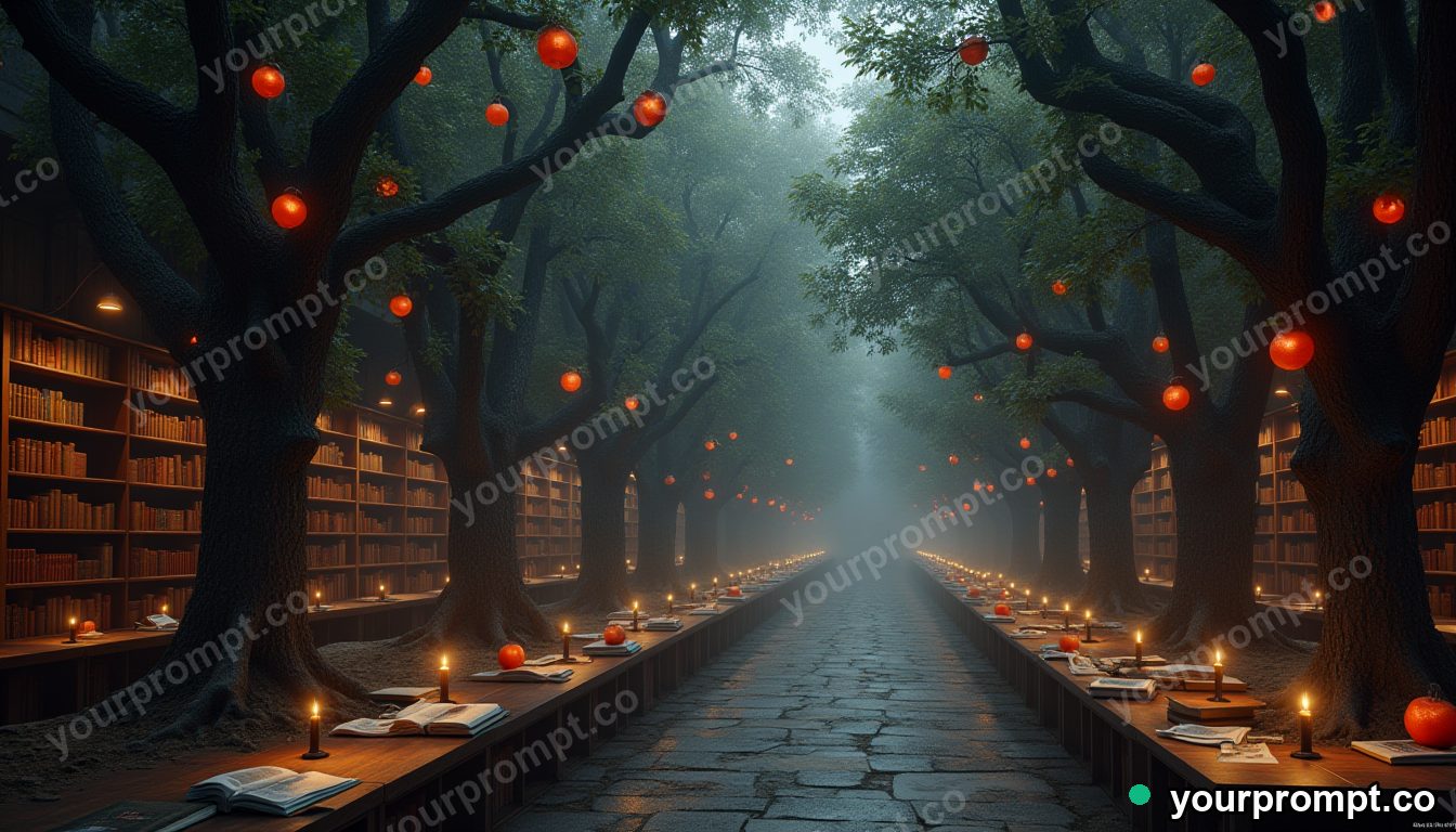 A library where books grow on trees like glowing fruit