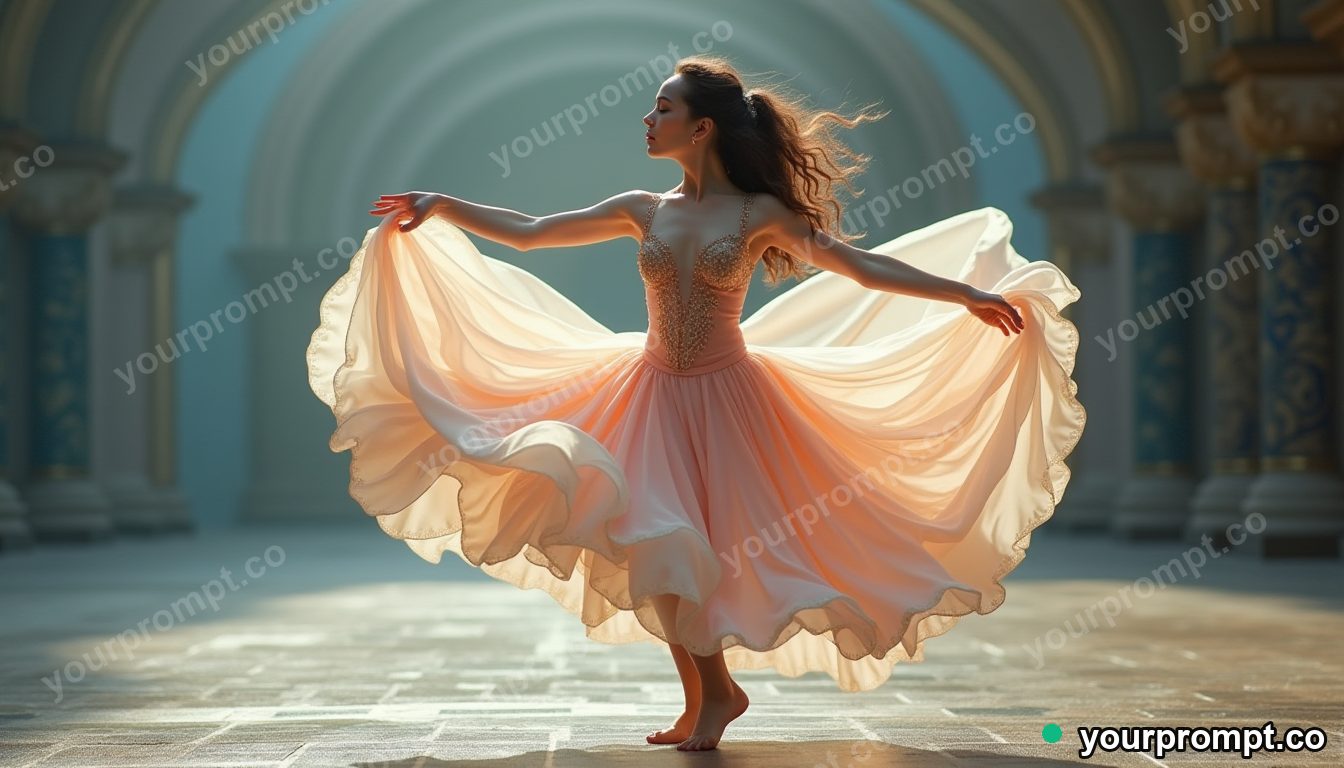 A young dancer mid-spin with flowing fabric, fictional