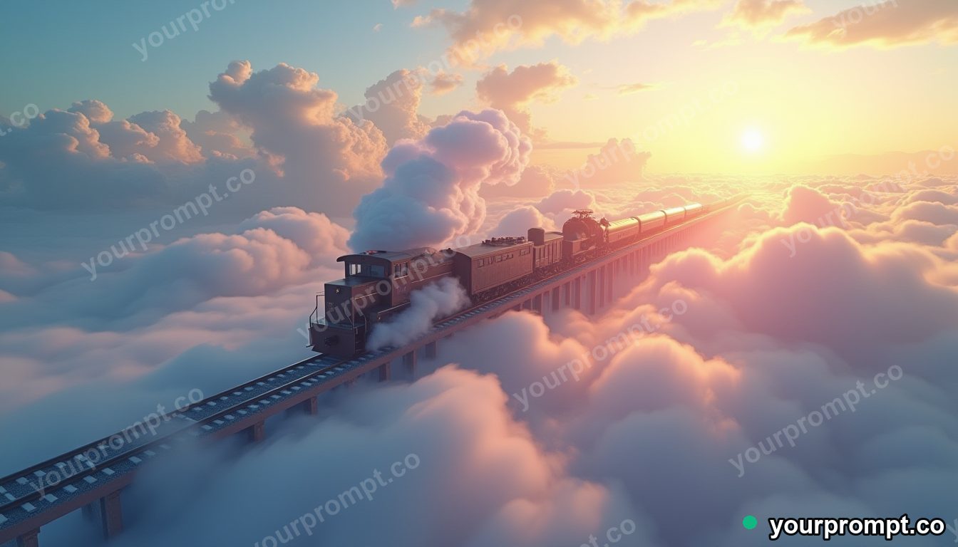 A train made of clouds riding on rainbow tracks