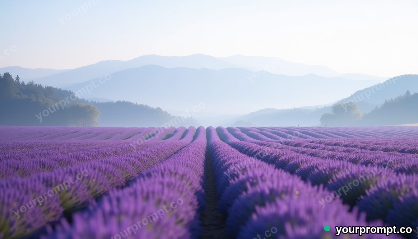 A lavender field stretching to misty mountains
