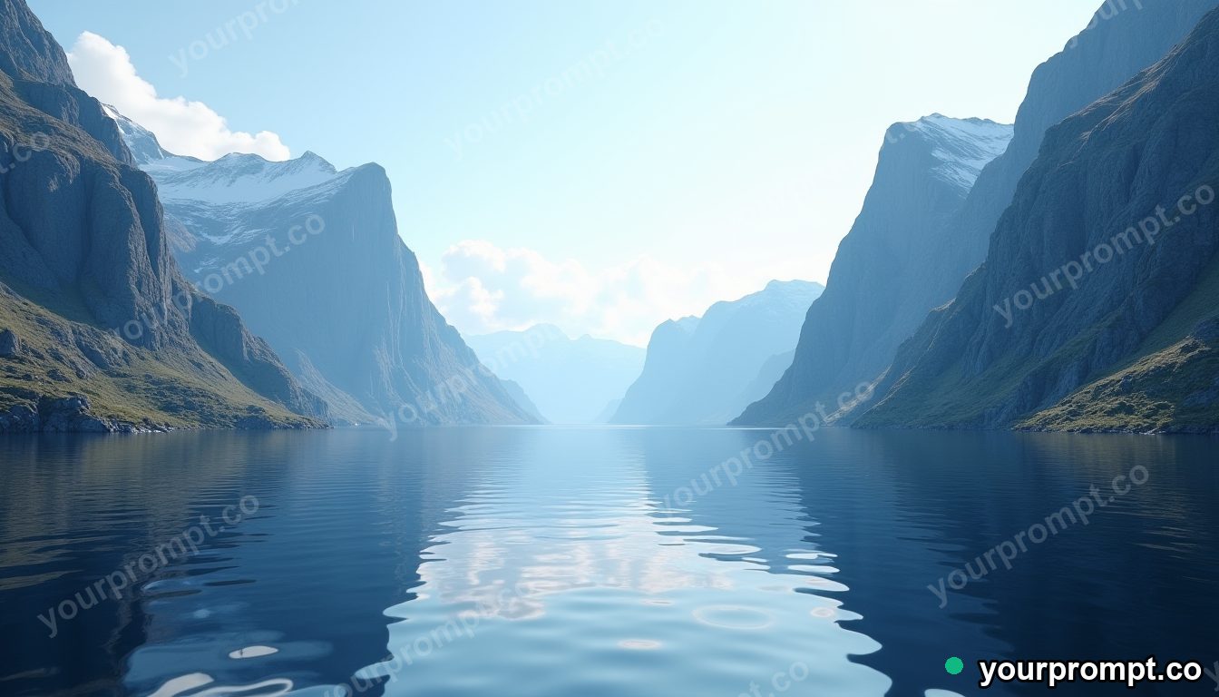 A fjord with mirror-still water and steep cliffs