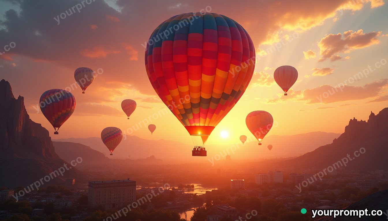 A colorful hot air balloon fiesta rising at dawn