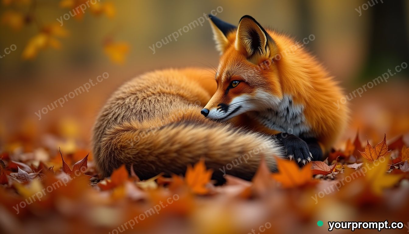 A red fox curled in autumn leaves