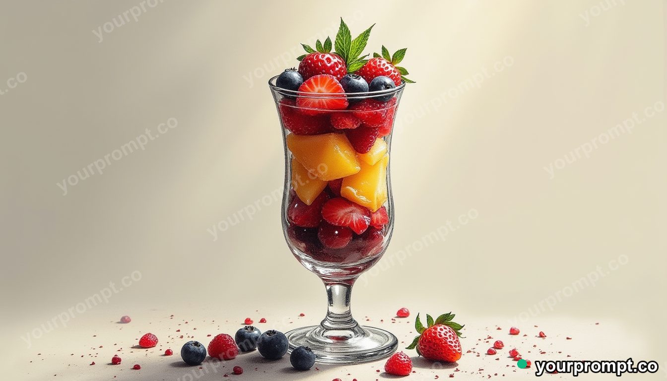 A tall layered fruit parfait in a glass