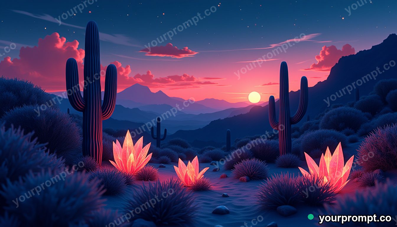 A desert with crystal cacti glowing at dusk