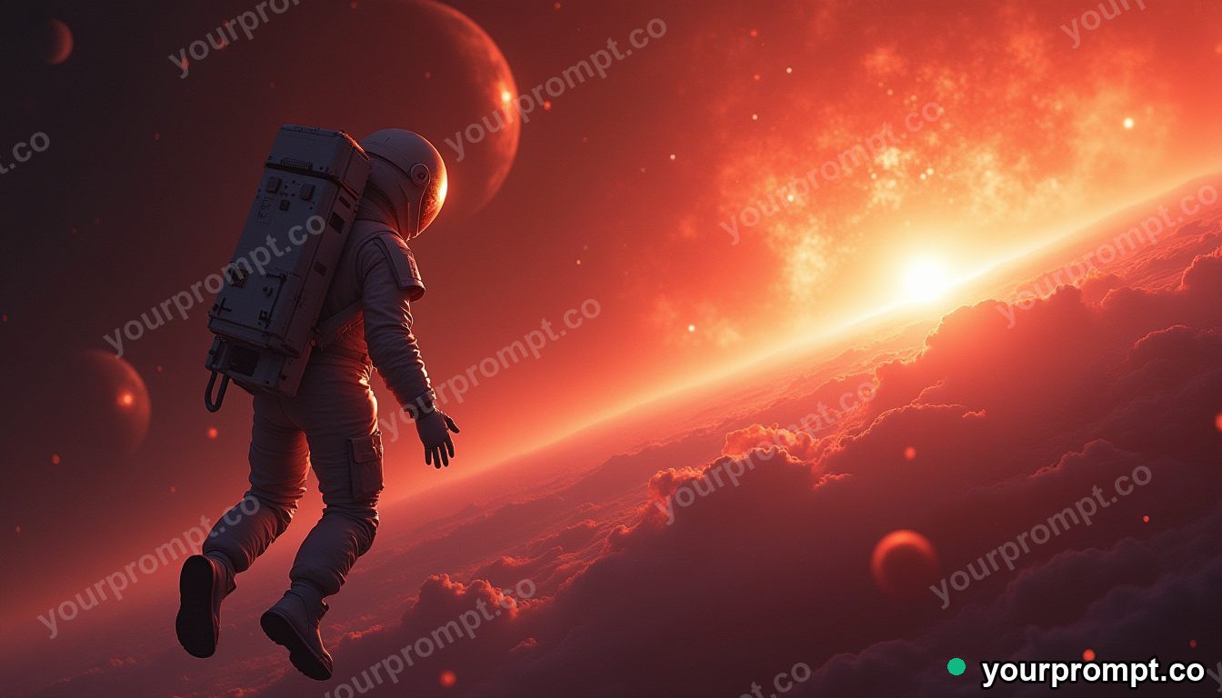 An astronaut floating beside a glowing nebula