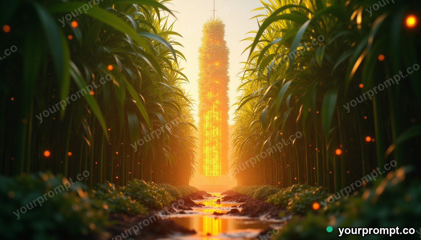 A vertical farm tower glowing inside a future city
