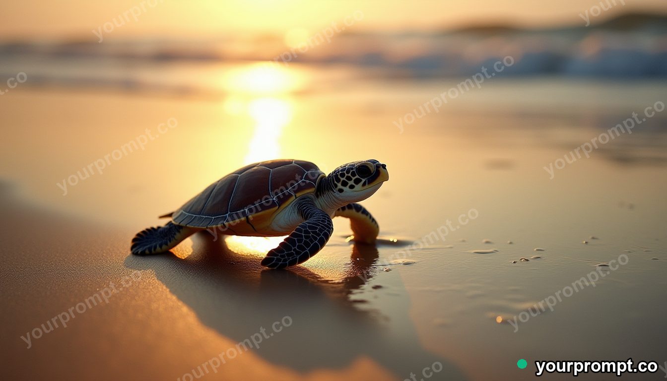 A baby sea turtle crawling toward the surf