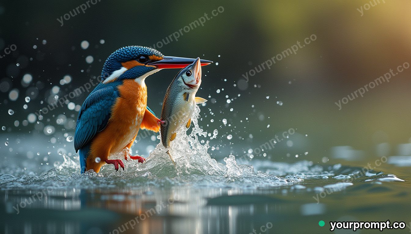 A kingfisher splashing out of water with a fish