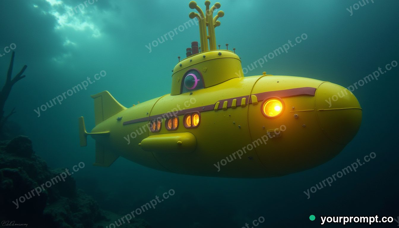 A yellow submarine exploring a glowing trench