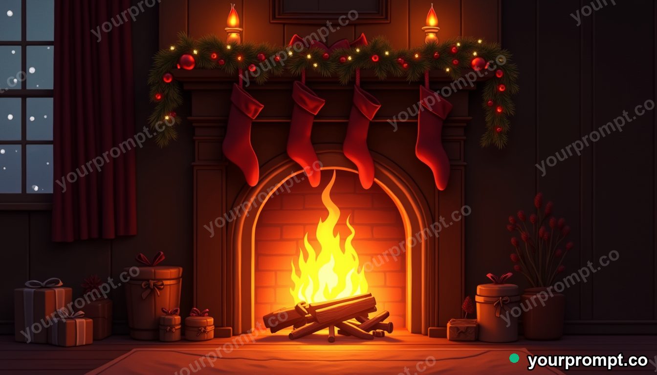 A cozy fireplace with stockings and warm light