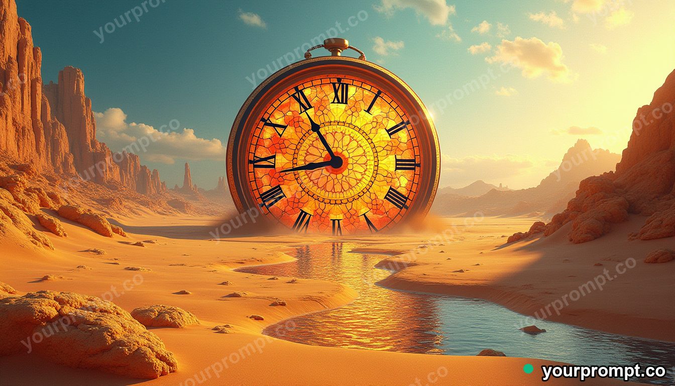 A giant clock melting into a river of golden sand