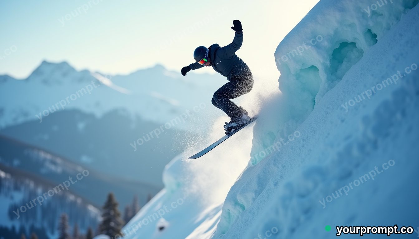 A snowboarder launching off a powder cliff