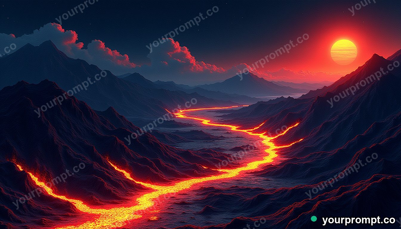 A volcanic landscape with rivers of glowing lava at night