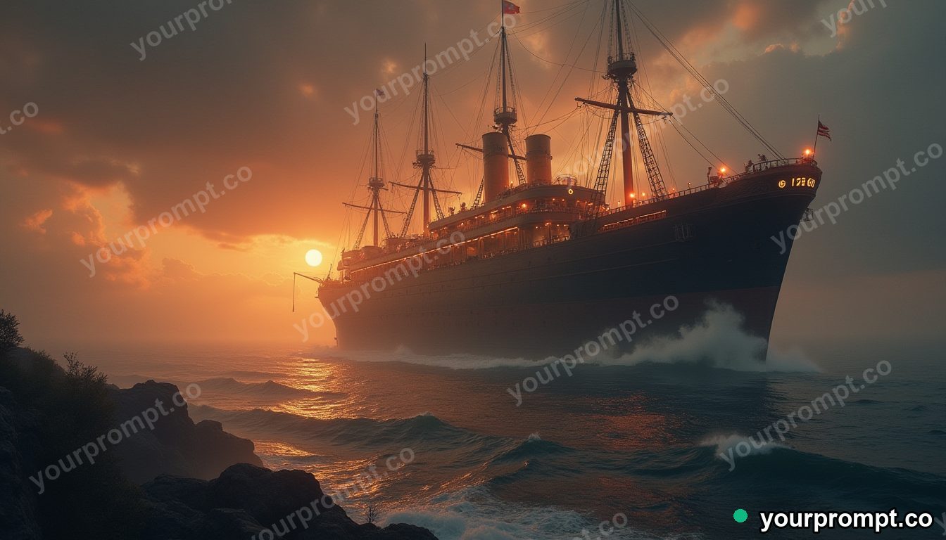 A vintage airship drifting over a coastline