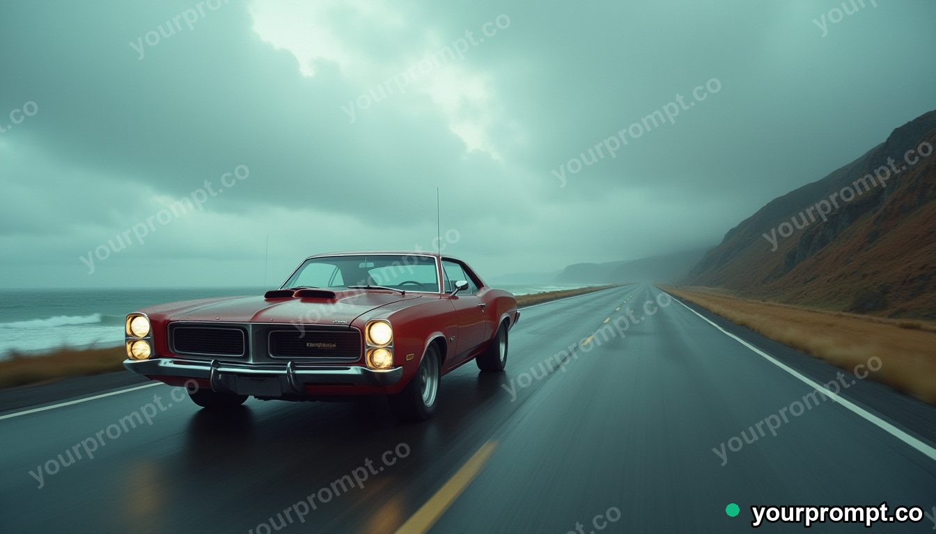 A classic 1960s American muscle car on a coastal highway
