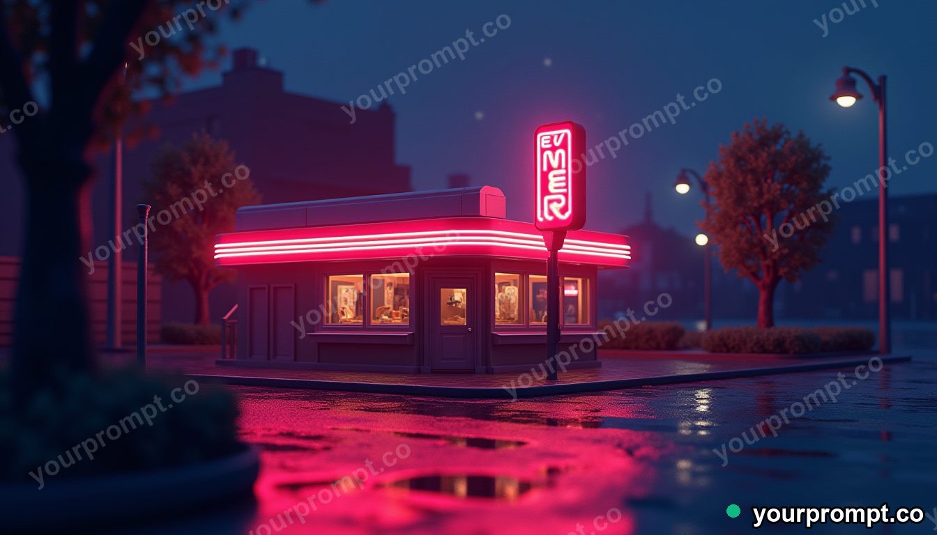 A neon diner glowing on an empty rainy street