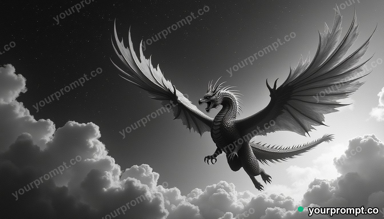 A dragon and a phoenix circling in an ancient sky