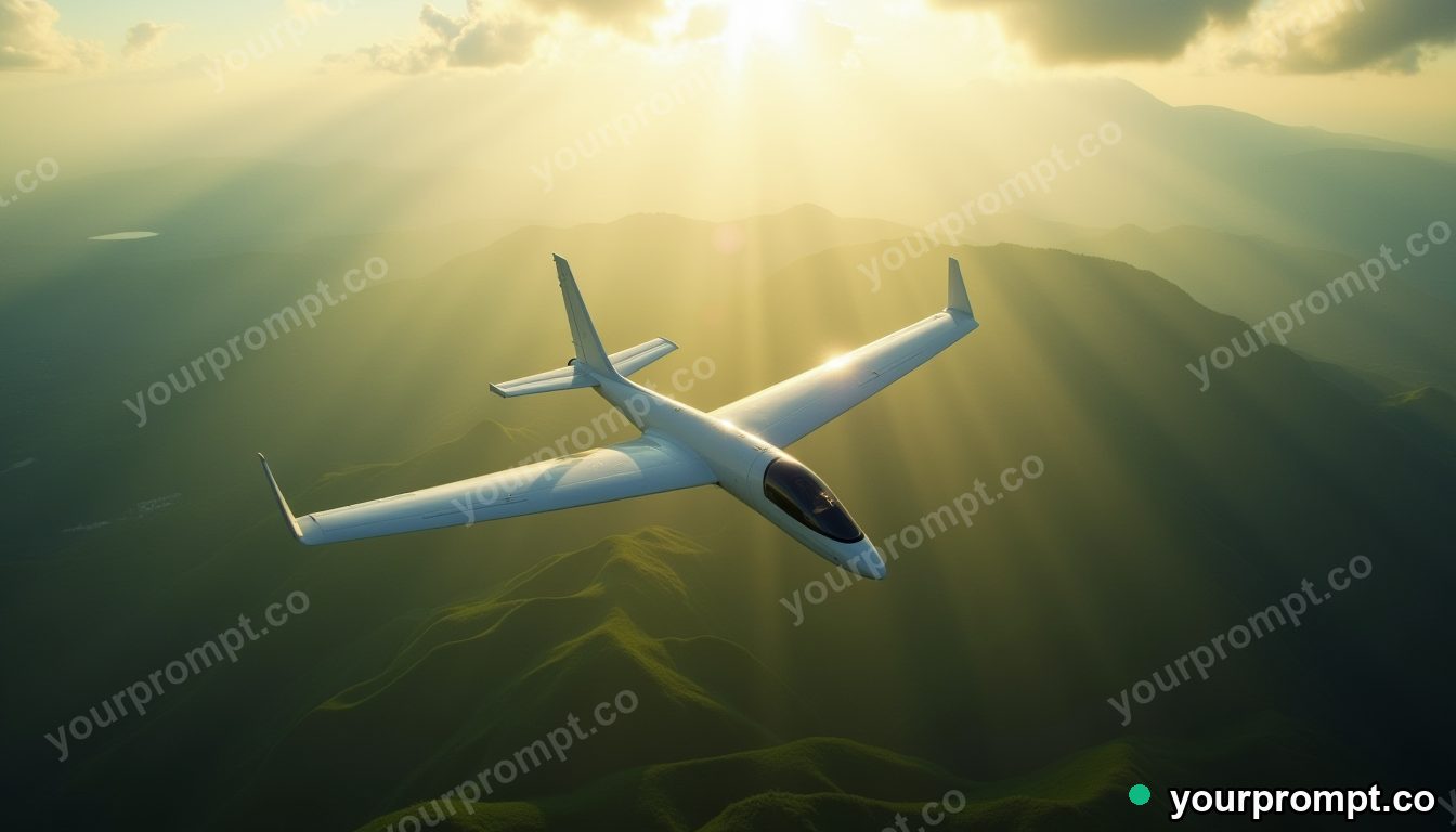 A glider soaring silently over green valleys