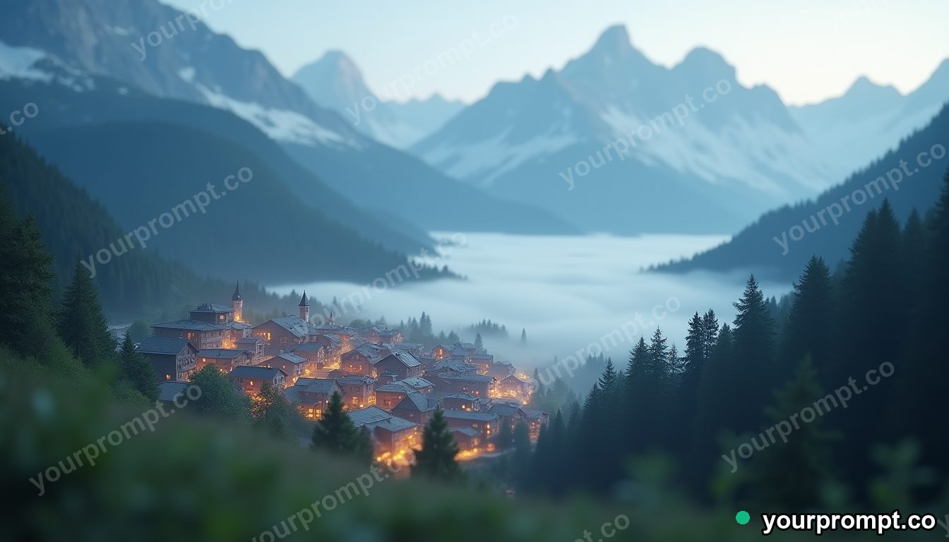 A misty mountain village in the Swiss Alps