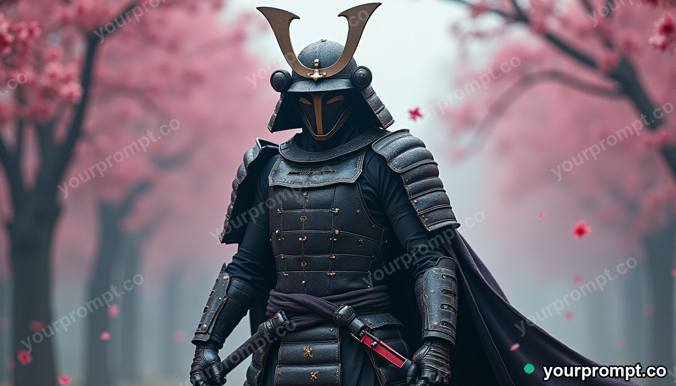 A cyborg samurai under falling cherry blossoms