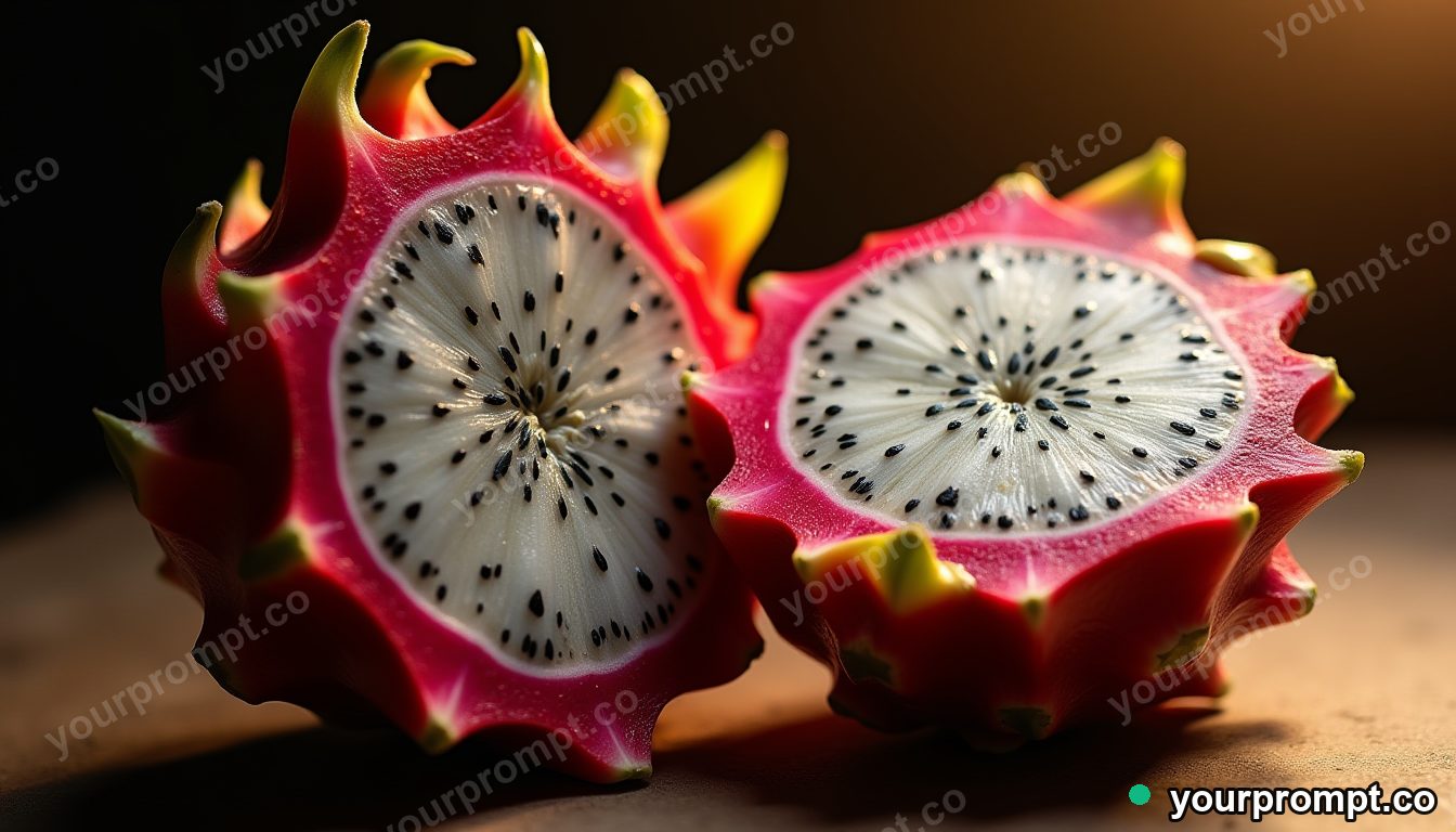 A halved dragon fruit showing speckled flesh