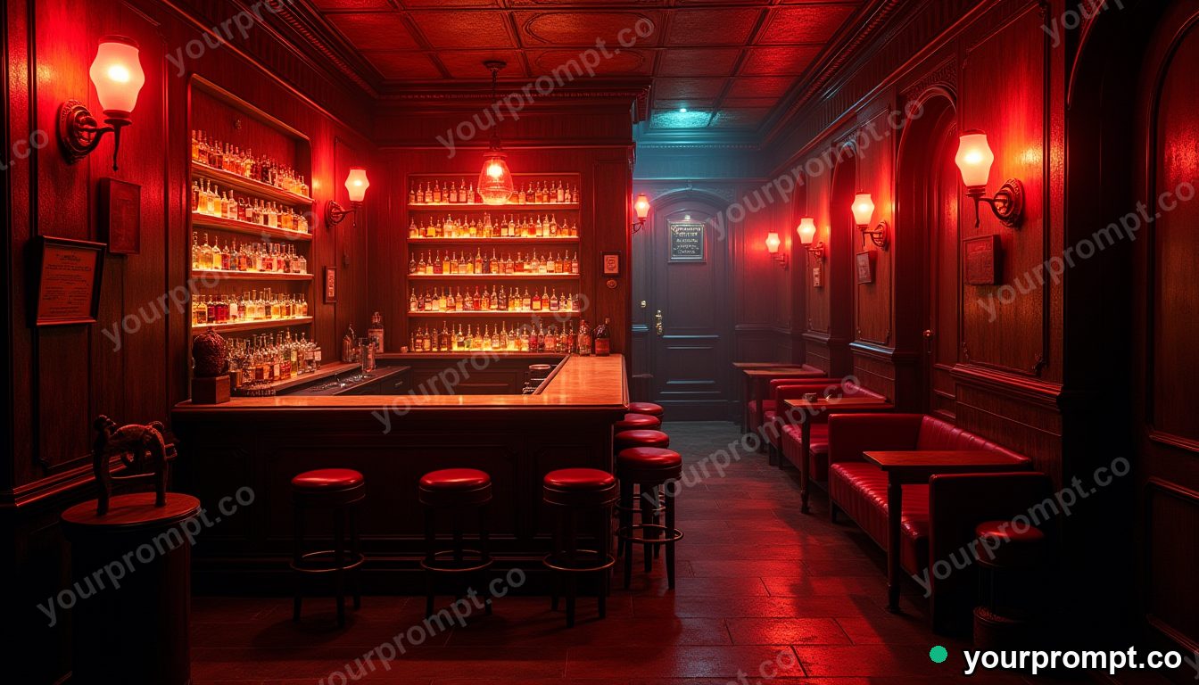A moody speakeasy bar with amber lighting