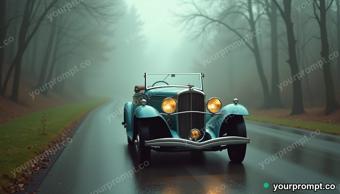 A 1930s art-deco roadster on a misty country road