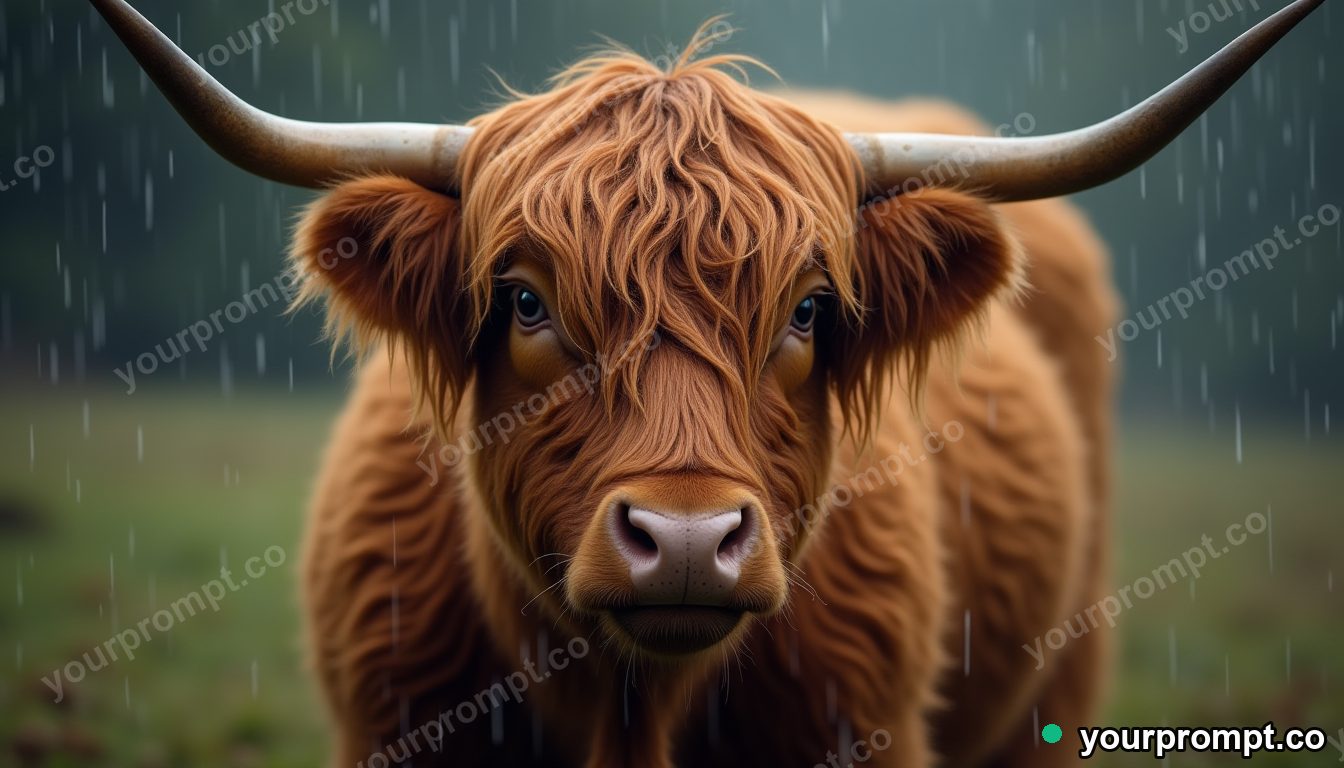 A highland cow with shaggy hair in the rain