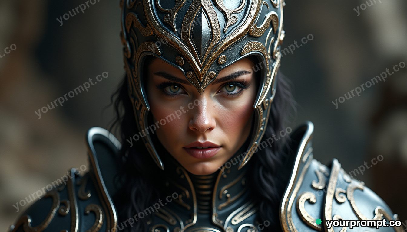 A fierce warrior queen in ornate armor, fictional