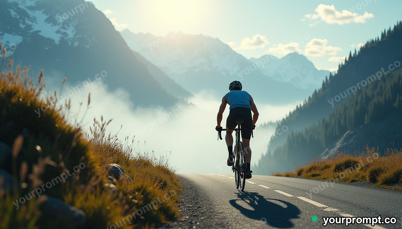 A cyclist sprinting up a misty mountain pass
