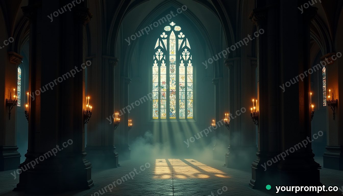 A gothic cathedral interior lit by stained-glass light