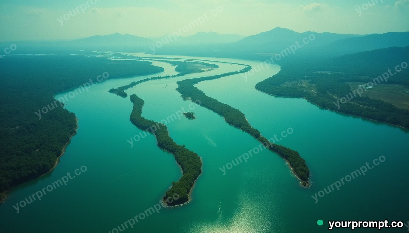An aerial view of winding turquoise rivers in a green delta