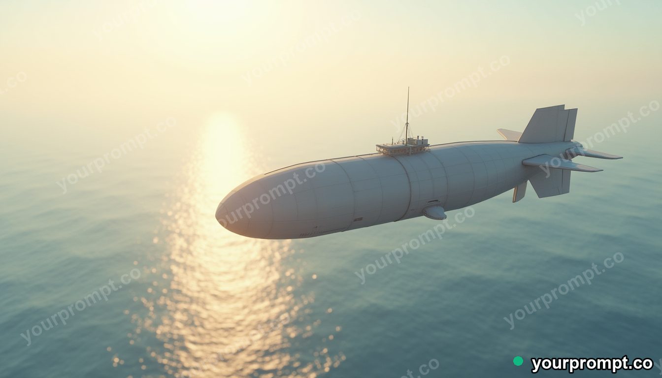 A vintage airship drifting over a coastline