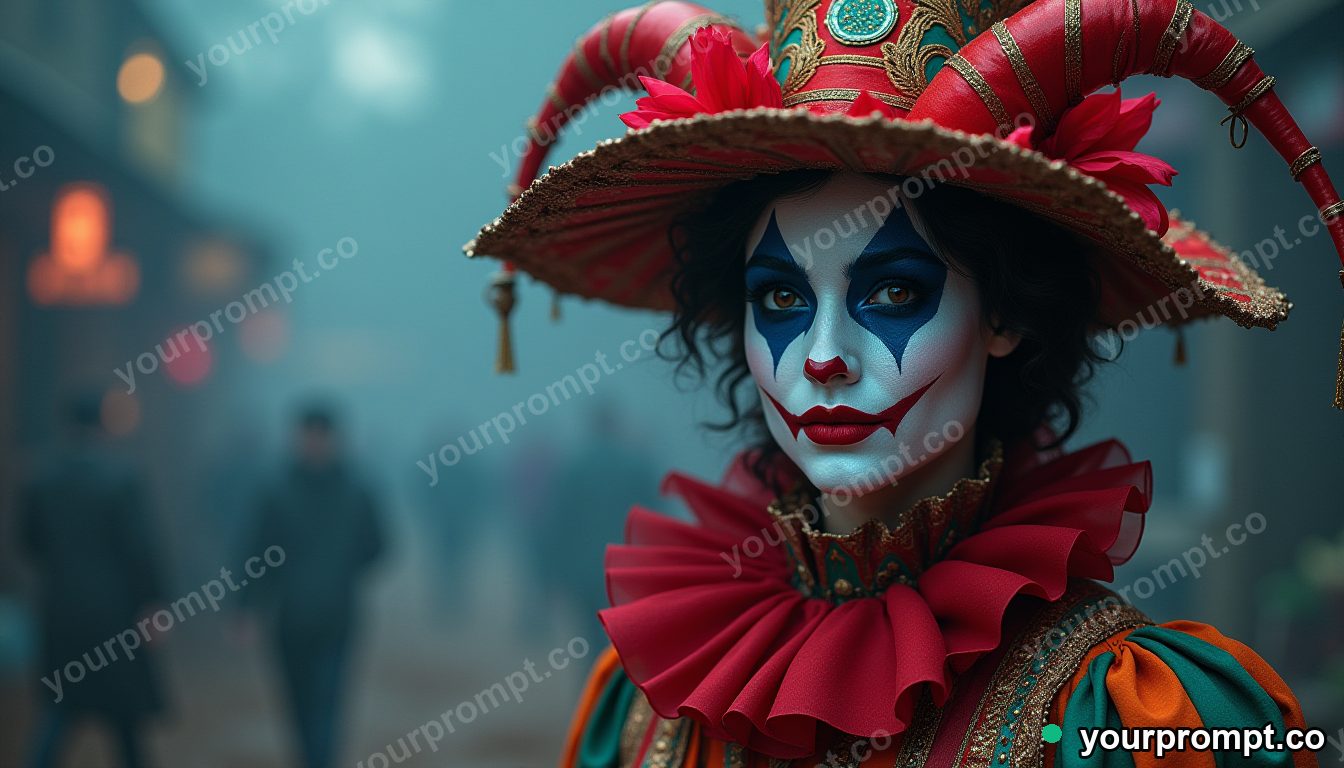 A painted-face carnival performer in vivid costume, fictional