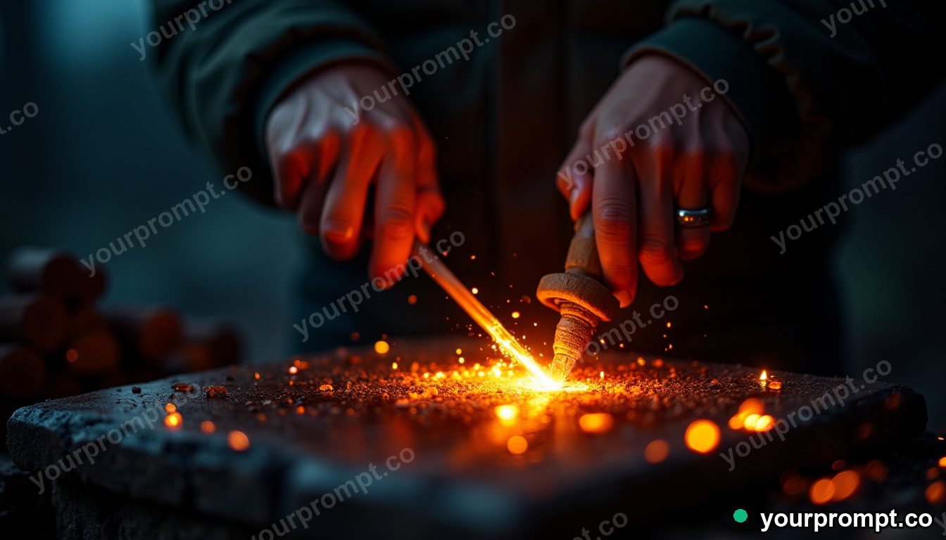 A glassblower shaping molten glass with a glowing rod
