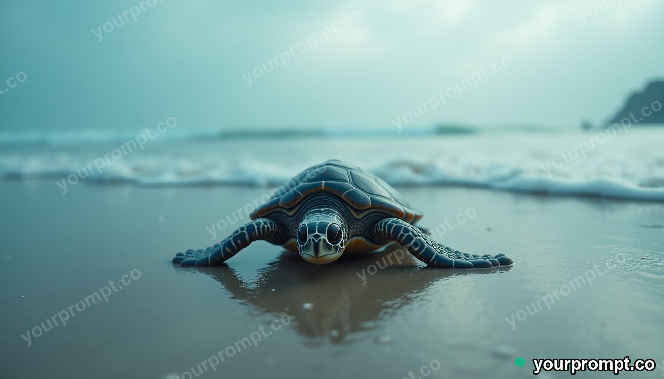 A baby sea turtle crawling toward the surf