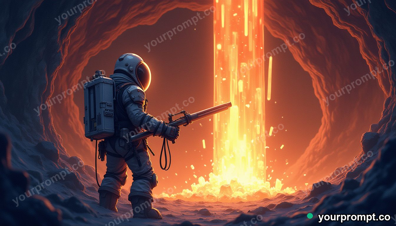 An exosuit miner drilling a glowing crystal cave