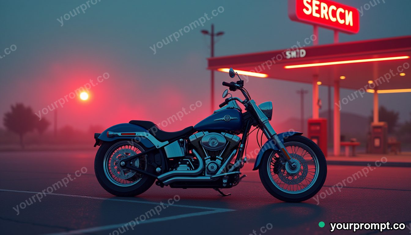 A chrome cruiser bike at a desert gas station at dusk